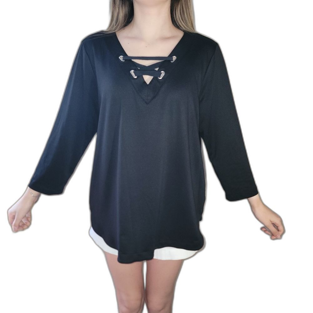 Ruby Rd Womens Black Solid Size L Large Top 3/4 Long Sleeve V Neck
